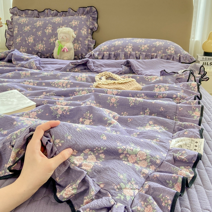 91家纺网 家纺一手货源 找家纺 （总）大麦家纺 2025年新款云感棉双层纱花边床盖夏被夏凉被空调被四件套