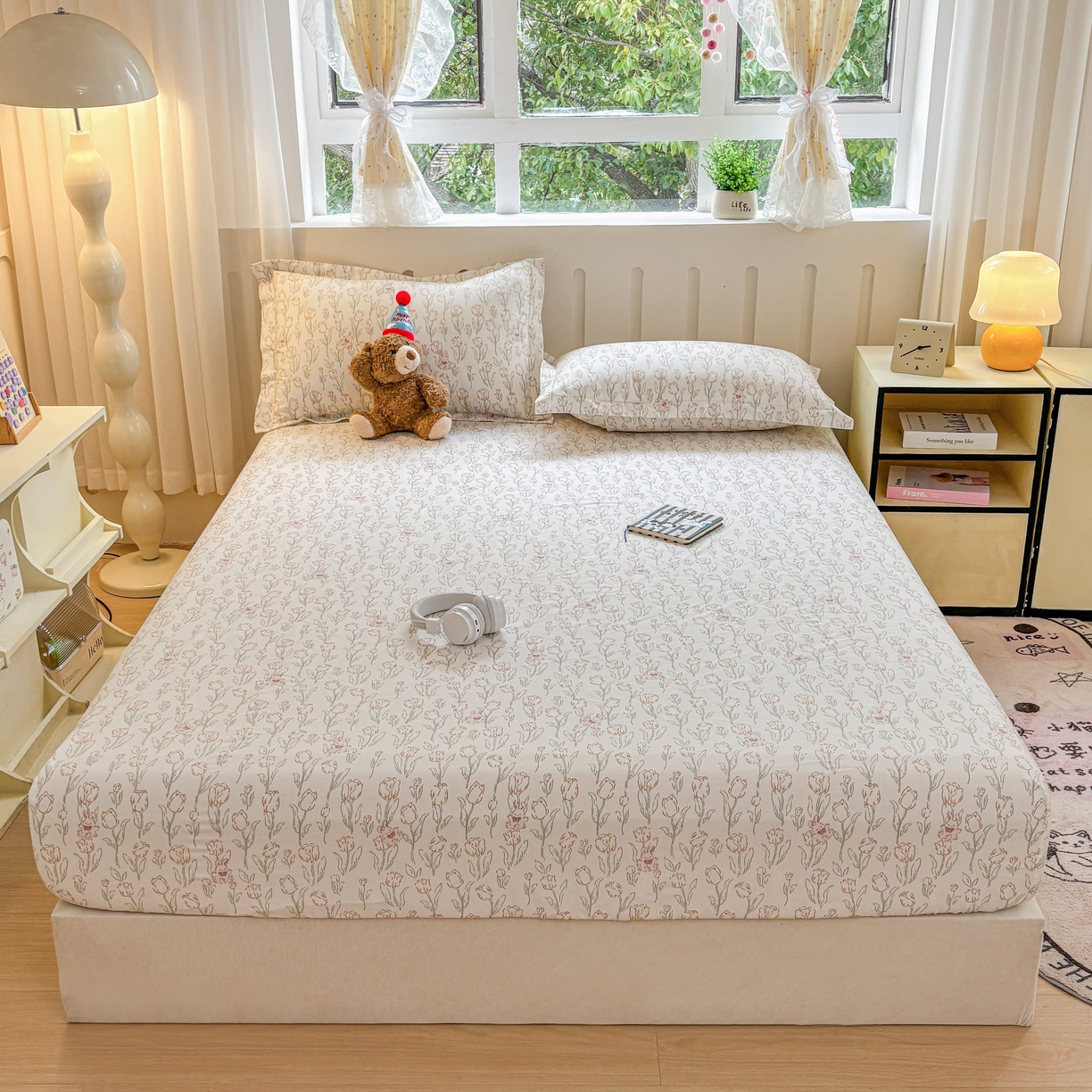 91家纺网 家纺一手货源 找家纺 大吉 2025新款全棉印花床笠 花园兔