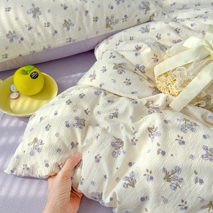 91家纺网 家纺一手货源 找家纺 竹合家纺 2025新品云感皱皱四件套跑量款小清新四件套 郁金香-紫