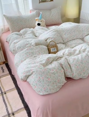 91家纺网 家纺一手货源 找家纺 竹合家纺 2025新品云感皱皱四件套跑量款小清新四件套 粉红佳人