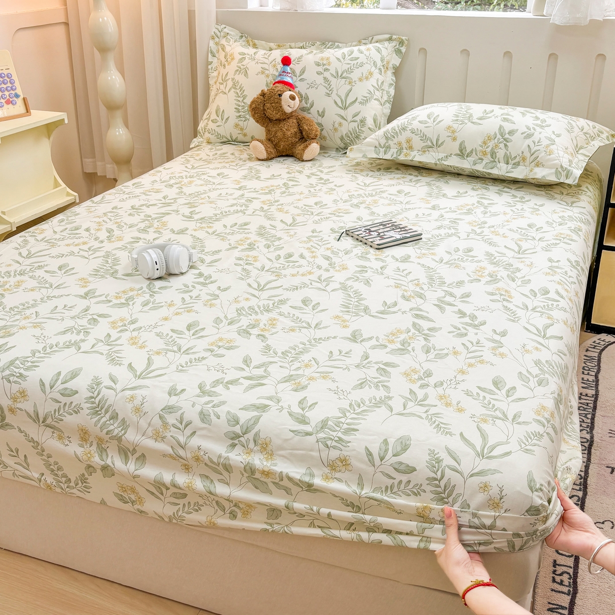 91家纺网 家纺一手货源 找家纺 大吉 2025新款全棉印花床笠 花间