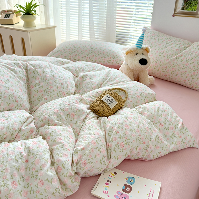 91家纺网 家纺一手货源 找家纺 竹合家纺 2025新品云感皱皱四件套跑量款小清新四件套 粉红佳人