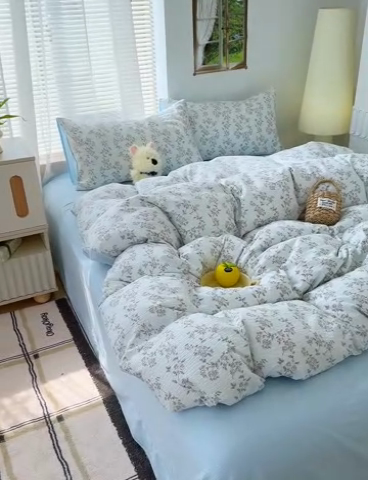 91家纺网 家纺一手货源 找家纺 竹合家纺 2025新品云感皱皱四件套跑量款小清新四件套 蓝颜