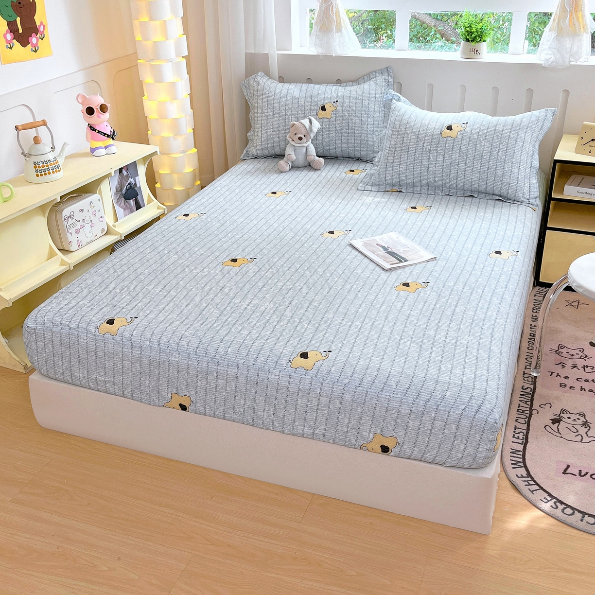 91家纺网 家纺一手货源 找家纺 大吉 2025新款全棉印花床笠 蜡笔小象