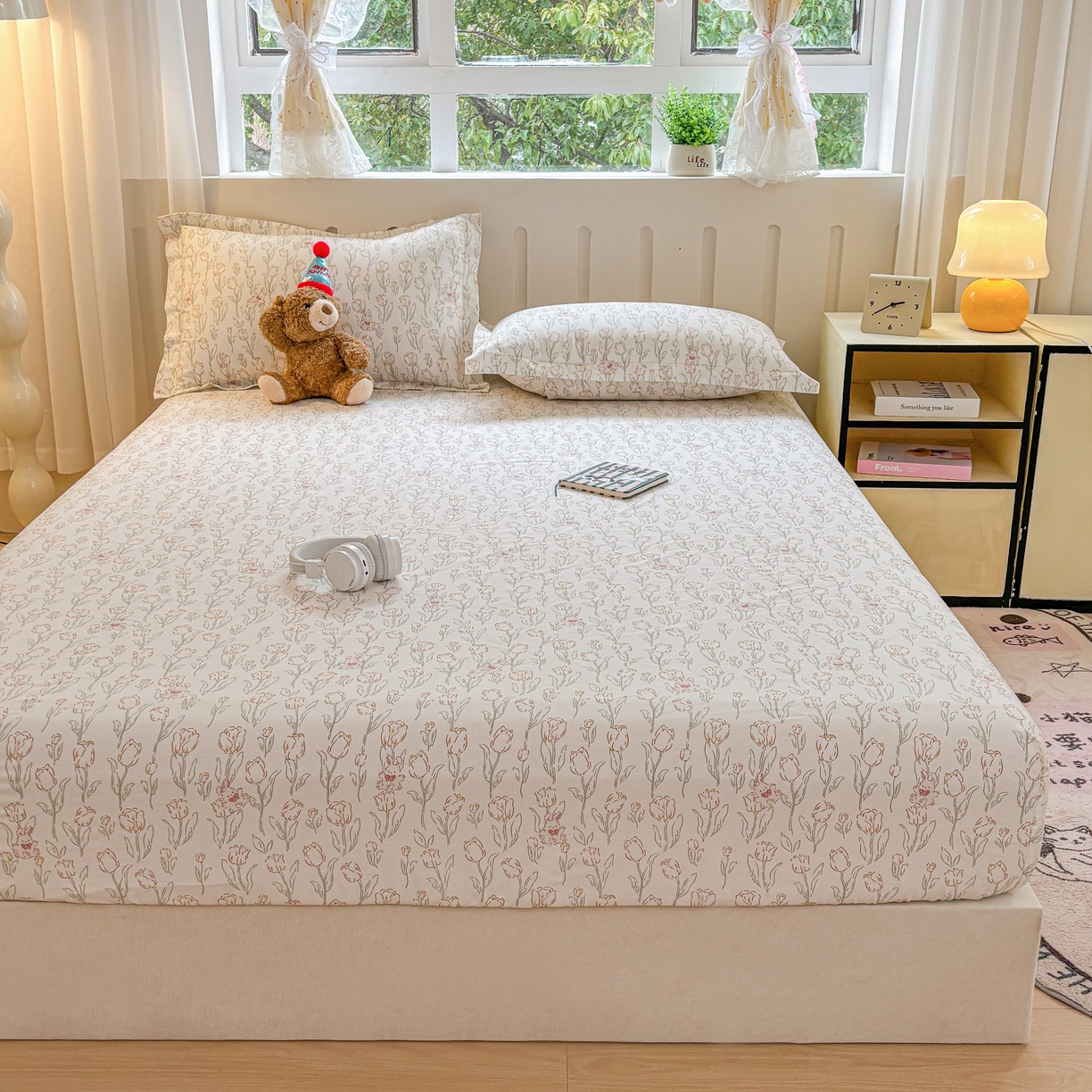 91家纺网 家纺一手货源 找家纺 大吉 2025新款全棉印花床笠 花园兔