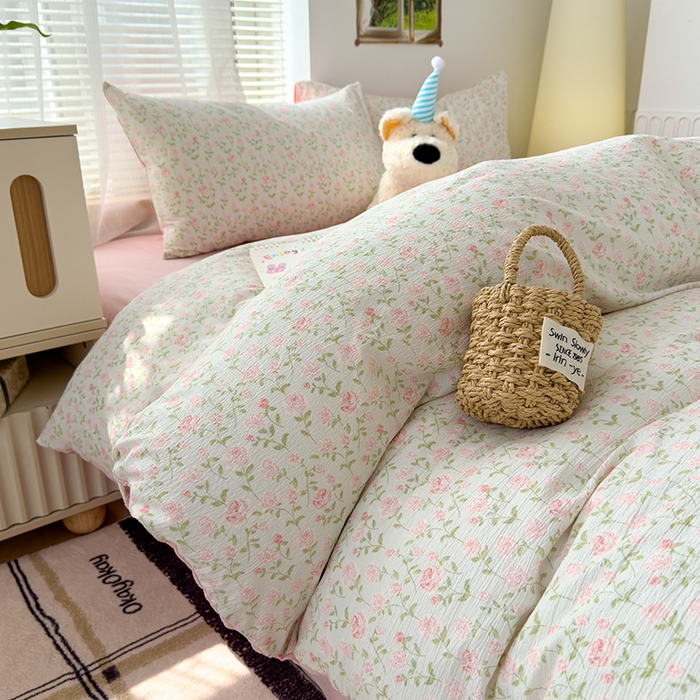 91家纺网 家纺一手货源 找家纺 竹合家纺 2025新品云感皱皱四件套跑量款小清新四件套 粉红佳人