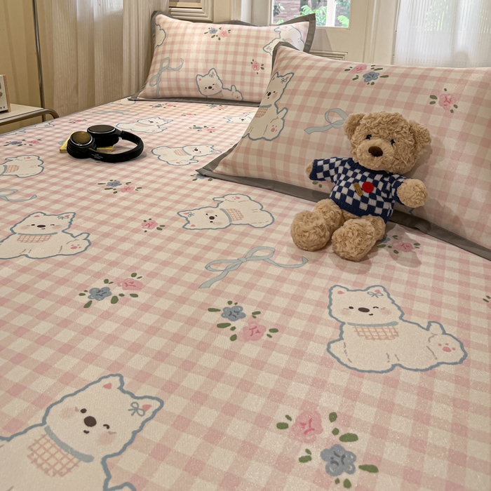 91家纺网 家纺一手货源 找家纺 慕澄家纺 2025新款小清新萌宠系列碳光冰丝凉席 西高地