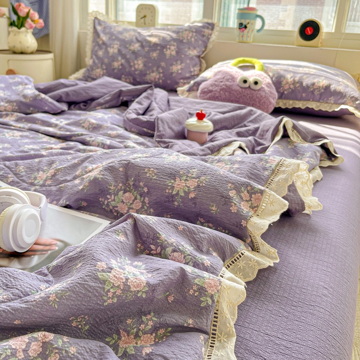 91家纺网 家纺一手货源 找家纺 恋之语 2025春夏新款云感全棉纯棉花边款夏被夏凉被空调被四件套套件 豆蔻