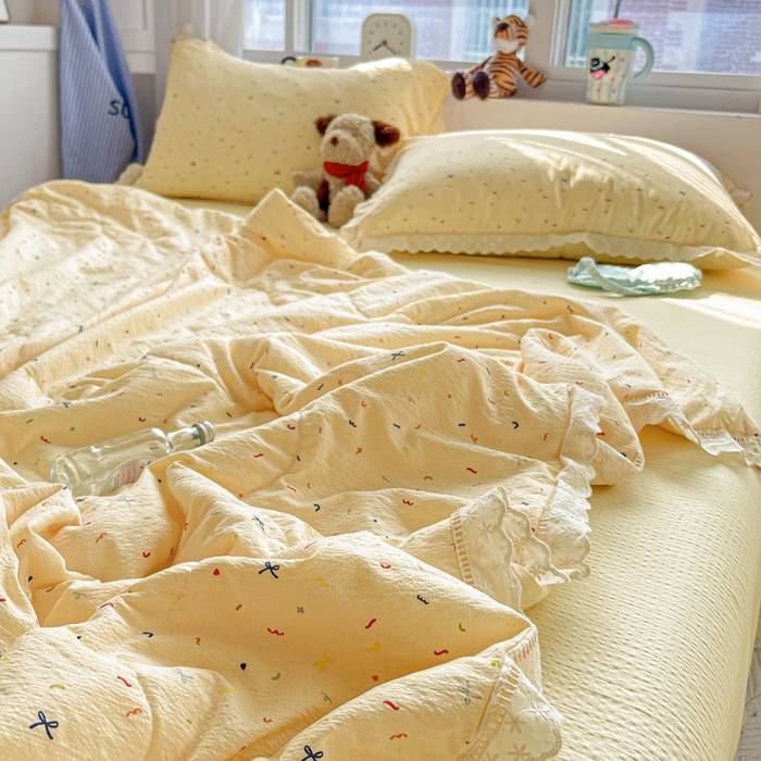 91家纺网 家纺一手货源 找家纺 恋之语 2025春夏新款云感全棉纯棉花边款夏被夏凉被空调被四件套套件 芝士奶酪