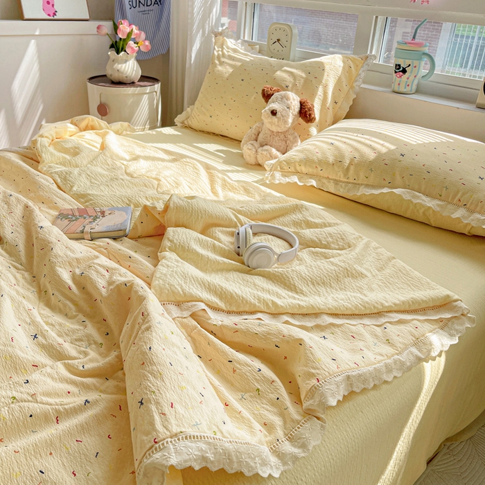 91家纺网 家纺一手货源 找家纺 恋之语 2025春夏新款云感全棉纯棉花边款夏被夏凉被空调被四件套套件 芝士奶酪