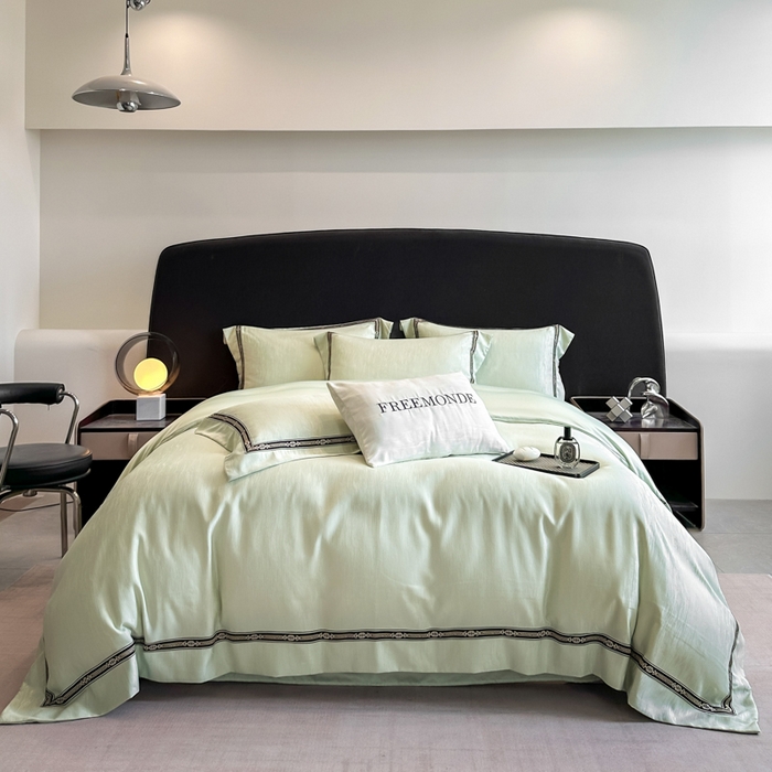 91家纺网 家纺一手货源 找家纺 帝王家纺 2025新款轻奢风双面水洗天丝提花刺绣四件套 嫩绿