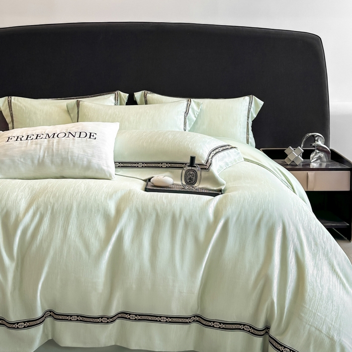 91家纺网 家纺一手货源 找家纺 帝王家纺 2025新款轻奢风双面水洗天丝提花刺绣四件套 嫩绿