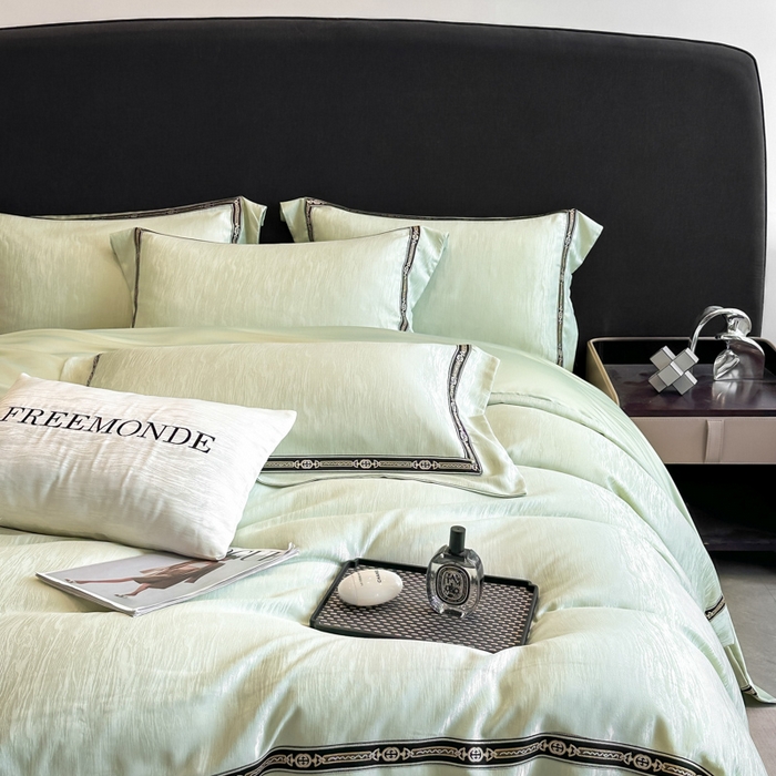 91家纺网 家纺一手货源 找家纺 帝王家纺 2025新款轻奢风双面水洗天丝提花刺绣四件套 嫩绿