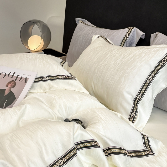 91家纺网 家纺一手货源 找家纺 帝王家纺 2025新款轻奢风双面水洗天丝提花刺绣四件套 白桃