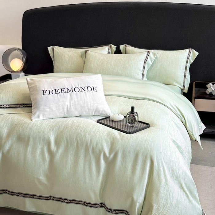 91家纺网 家纺一手货源 找家纺 帝王家纺 2025新款轻奢风双面水洗天丝提花刺绣四件套 嫩绿