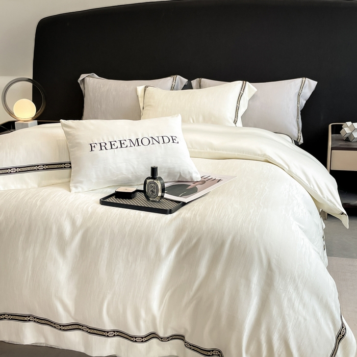 91家纺网 家纺一手货源 找家纺 帝王家纺 2025新款轻奢风双面水洗天丝提花刺绣四件套 白桃