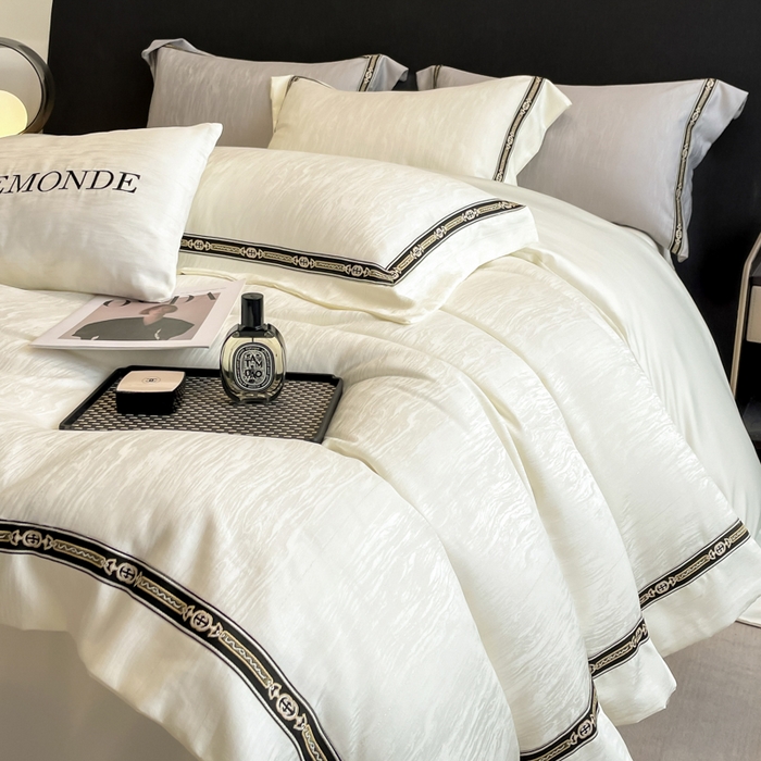 91家纺网 家纺一手货源 找家纺 帝王家纺 2025新款轻奢风双面水洗天丝提花刺绣四件套 白桃