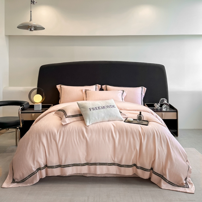 91家纺网 家纺一手货源 找家纺 帝王家纺 2025新款轻奢风双面水洗天丝提花刺绣四件套 藕粉