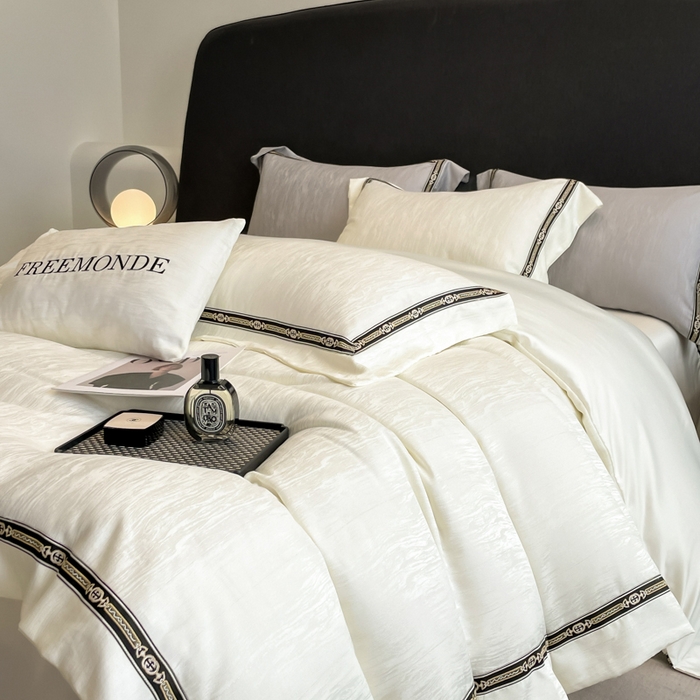 91家纺网 家纺一手货源 找家纺 帝王家纺 2025新款轻奢风双面水洗天丝提花刺绣四件套 白桃