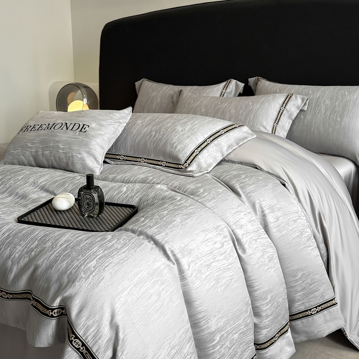 91家纺网 家纺一手货源 找家纺 帝王家纺 2025新款轻奢风双面水洗天丝提花刺绣四件套 浅灰