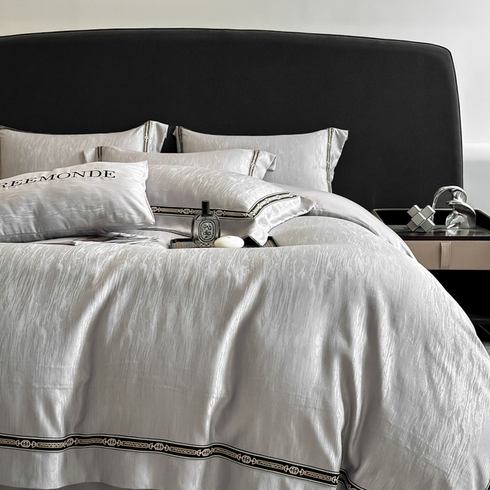 91家纺网 家纺一手货源 找家纺 帝王家纺 2025新款轻奢风双面水洗天丝提花刺绣四件套 浅灰