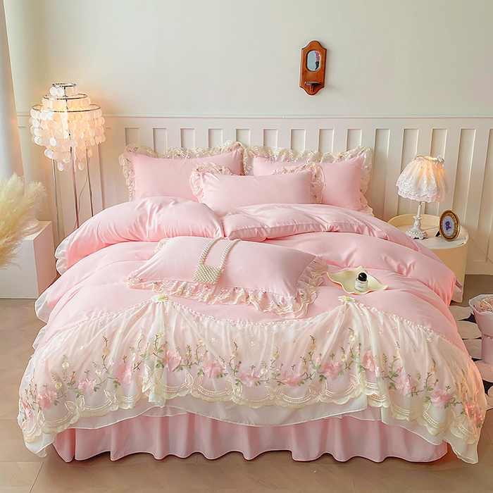 91家纺网 家纺一手货源 找家纺 （总）富宁2025新款水洗亲肤棉雪纺蕾丝刺绣床裙床笠三件套四件套