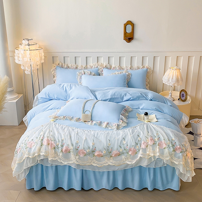 91家纺网 家纺一手货源 找家纺 （总）富宁2025新款水洗亲肤棉雪纺蕾丝刺绣床裙床笠三件套四件套