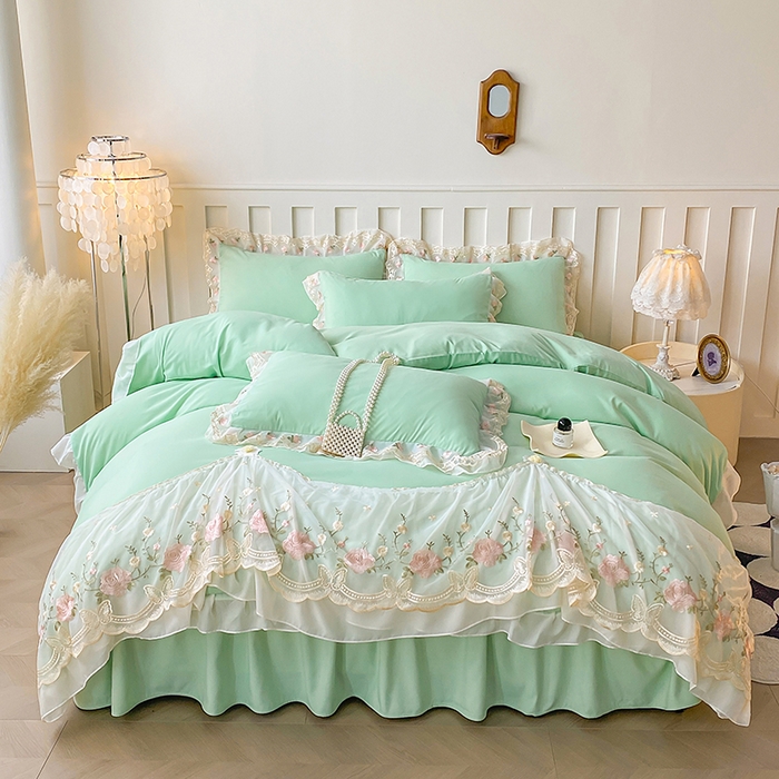 91家纺网 家纺一手货源 找家纺 （总）富宁2025新款水洗亲肤棉雪纺蕾丝刺绣床裙床笠三件套四件套