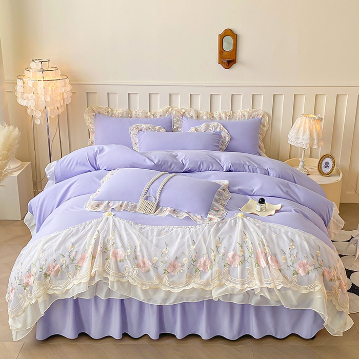 91家纺网 家纺一手货源 找家纺 （总）富宁2025新款水洗亲肤棉雪纺蕾丝刺绣床裙床笠三件套四件套