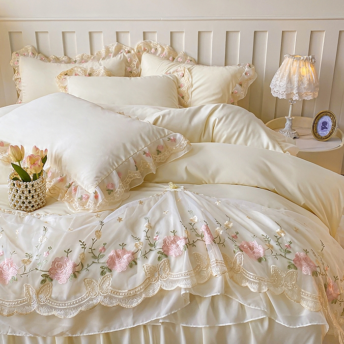 91家纺网 家纺一手货源 找家纺 （总）富宁2025新款水洗亲肤棉雪纺蕾丝刺绣床裙床笠三件套四件套