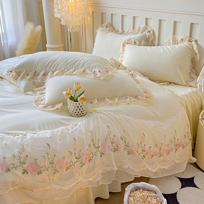 91家纺网 家纺一手货源 找家纺 （总）富宁2025新款水洗亲肤棉雪纺蕾丝刺绣床裙床笠三件套四件套