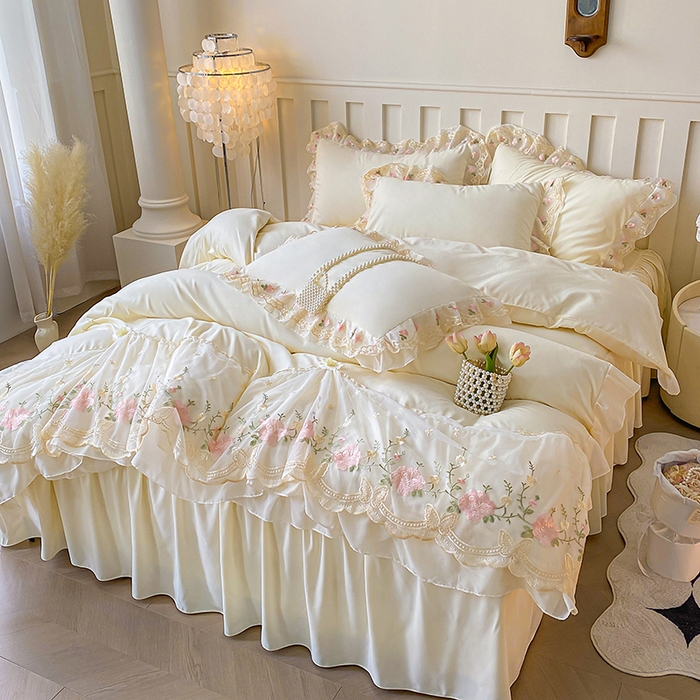 91家纺网 家纺一手货源 找家纺 （总）富宁2025新款水洗亲肤棉雪纺蕾丝刺绣床裙床笠三件套四件套