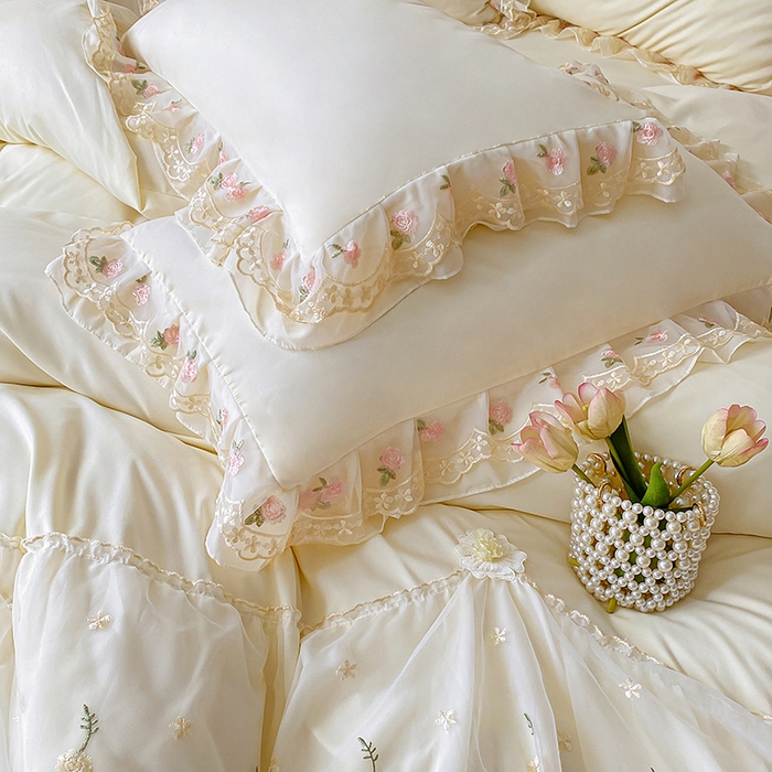 91家纺网 家纺一手货源 找家纺 （总）富宁2025新款水洗亲肤棉雪纺蕾丝刺绣床裙床笠三件套四件套