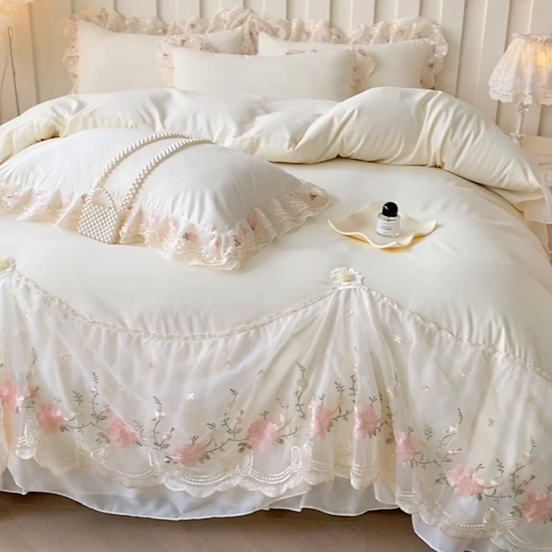 91家纺网 家纺一手货源 找家纺 （总）富宁2025新款水洗亲肤棉雪纺蕾丝刺绣床裙床笠三件套四件套
