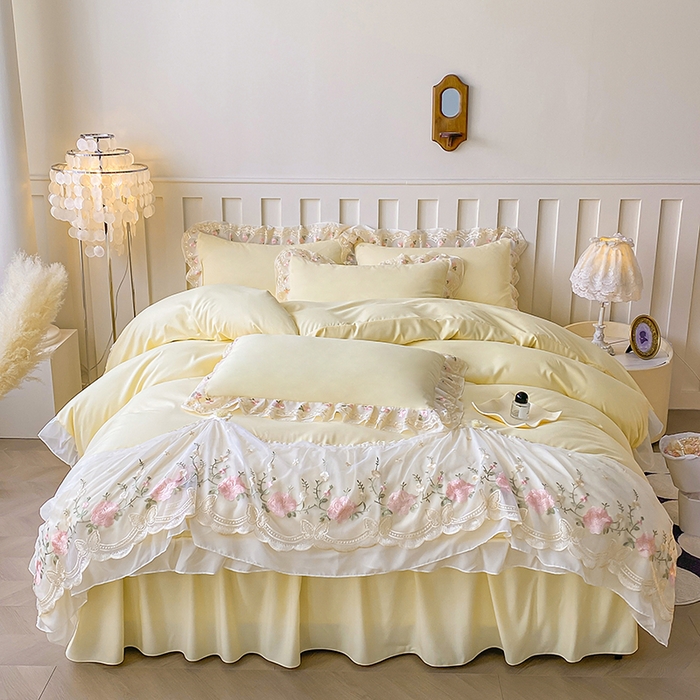 富宁2025新款水洗亲肤棉雪纺蕾丝刺绣床裙床笠三件套四件套 潘多拉-黄