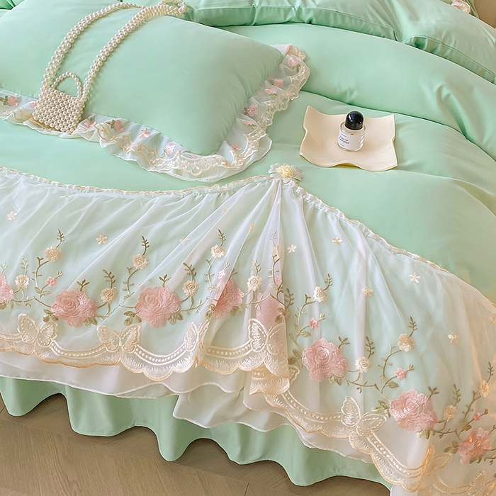 91家纺网 家纺一手货源 找家纺 富宁2025新款水洗亲肤棉雪纺蕾丝刺绣床裙床笠三件套四件套 潘多拉-绿