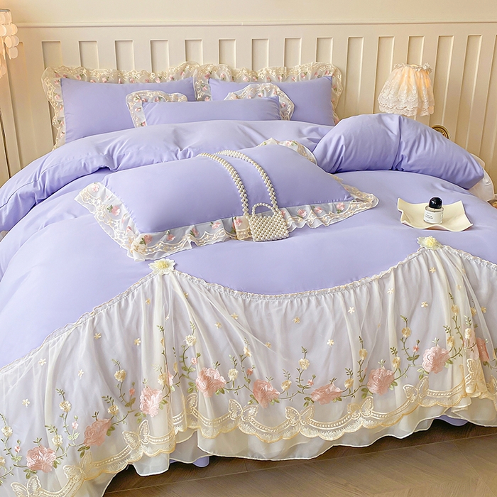 91家纺网 家纺一手货源 找家纺 富宁2025新款水洗亲肤棉雪纺蕾丝刺绣床裙床笠三件套四件套 潘多拉-紫