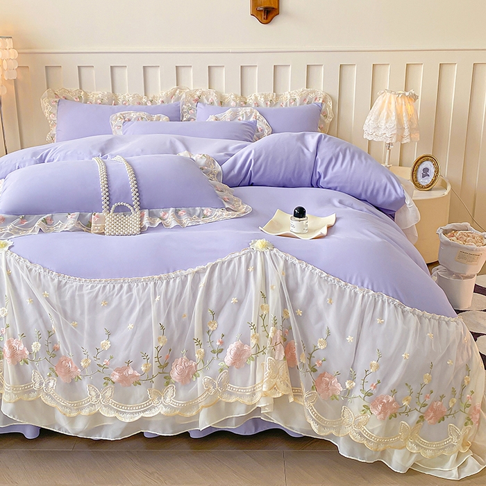 91家纺网 家纺一手货源 找家纺 富宁2025新款水洗亲肤棉雪纺蕾丝刺绣床裙床笠三件套四件套 潘多拉-紫