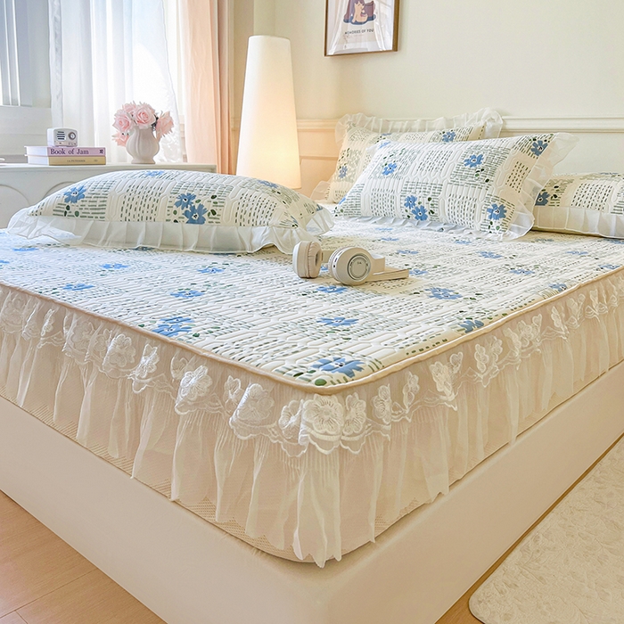 91家纺网 家纺一手货源 找家纺 麒豆豆 2025新款凉感丝乳胶印花床裙床笠凉席夏被三件套 卉雅 兰