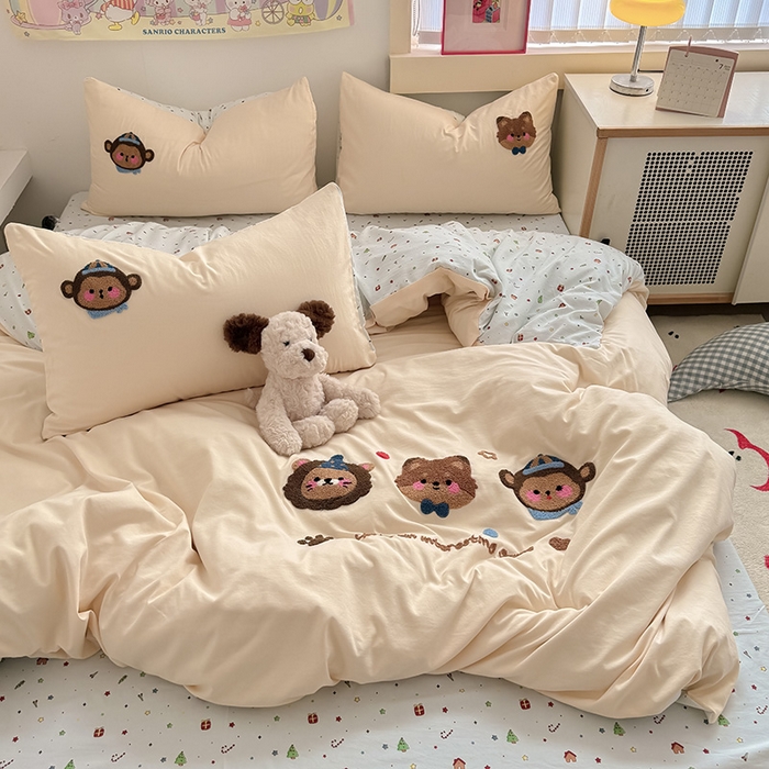 91家纺网 家纺一手货源 找家纺 沃朴家居 2025春夏新款亲肤水洗棉毛巾绣四件套 动物乐园