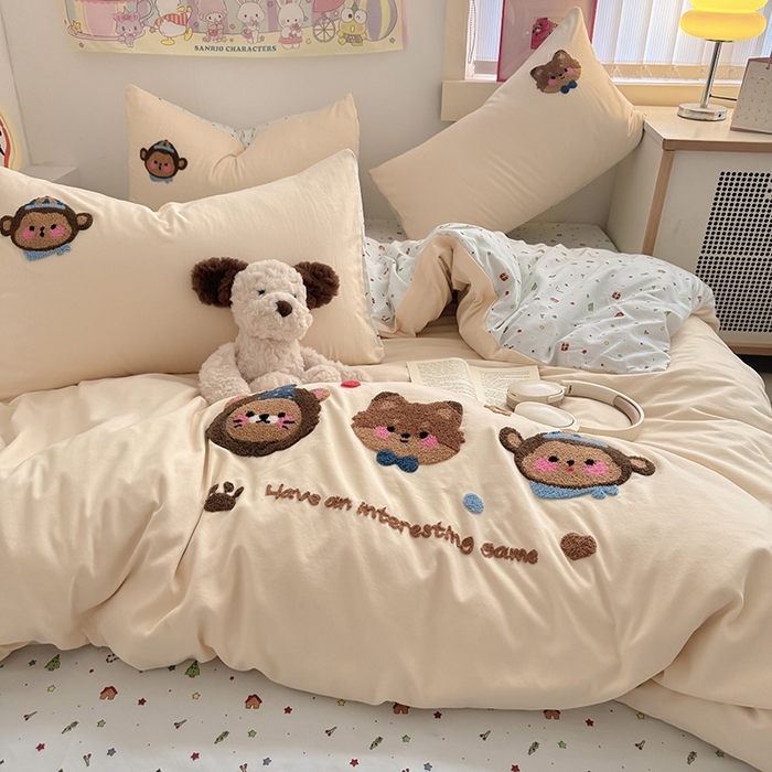 91家纺网 家纺一手货源 找家纺 沃朴家居 2025春夏新款亲肤水洗棉毛巾绣四件套 动物乐园