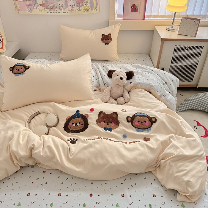 91家纺网 家纺一手货源 找家纺 沃朴家居 2025春夏新款亲肤水洗棉毛巾绣四件套 动物乐园