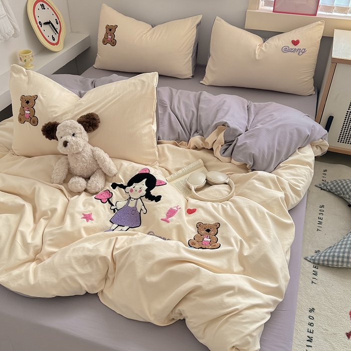 91家纺网 家纺一手货源 找家纺 沃朴家居 2025春夏新款亲肤水洗棉毛巾绣四件套 花朵女孩