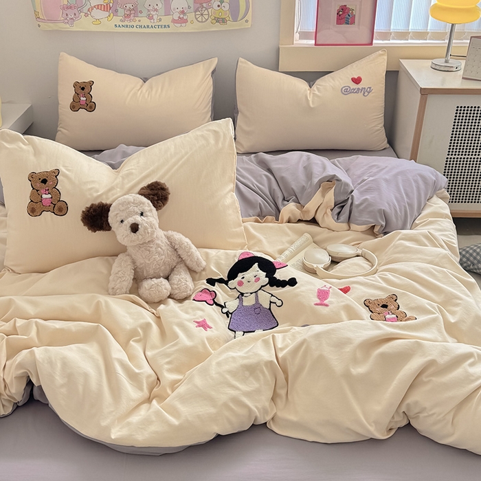 91家纺网 家纺一手货源 找家纺 沃朴家居 2025春夏新款亲肤水洗棉毛巾绣四件套 花朵女孩