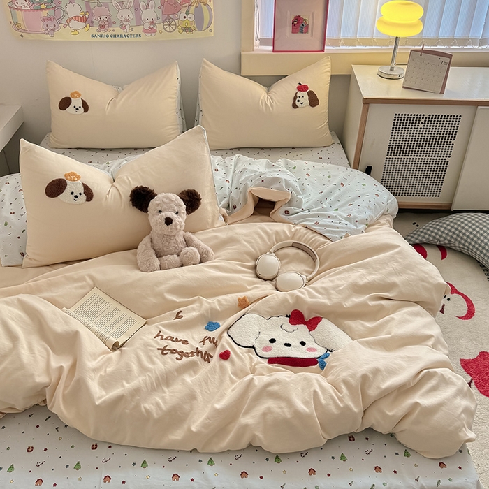 沃朴家居 2025春夏新款亲肤水洗棉毛巾绣四件套 奶乎狗狗