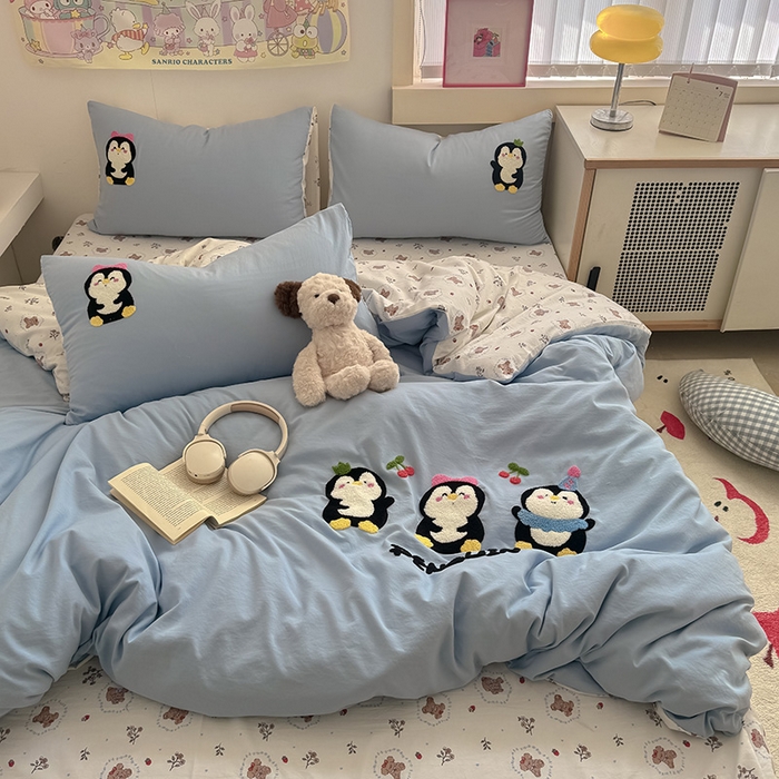 沃朴家居 2025春夏新款亲肤水洗棉毛巾绣四件套 企鹅派对