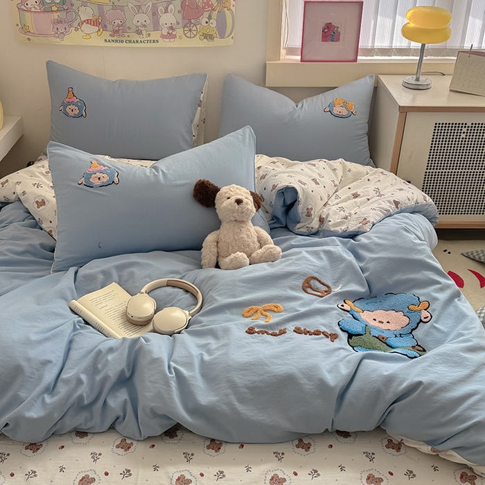 91家纺网 家纺一手货源 找家纺 沃朴家居 2025春夏新款亲肤水洗棉毛巾绣四件套 小萌羊