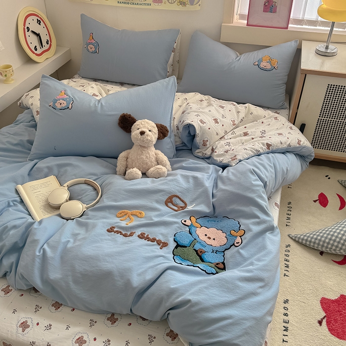 91家纺网 家纺一手货源 找家纺 沃朴家居 2025春夏新款亲肤水洗棉毛巾绣四件套 小萌羊