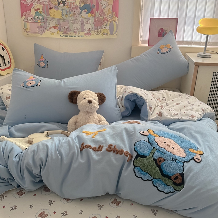 91家纺网 家纺一手货源 找家纺 沃朴家居 2025春夏新款亲肤水洗棉毛巾绣四件套 小萌羊