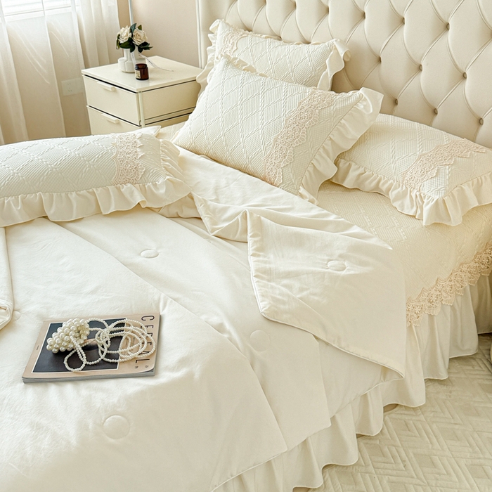 91家纺网 家纺一手货源 找家纺 米可 2025新款PE凉豆豆米拉系列凉席夏被三件套 米拉-米白